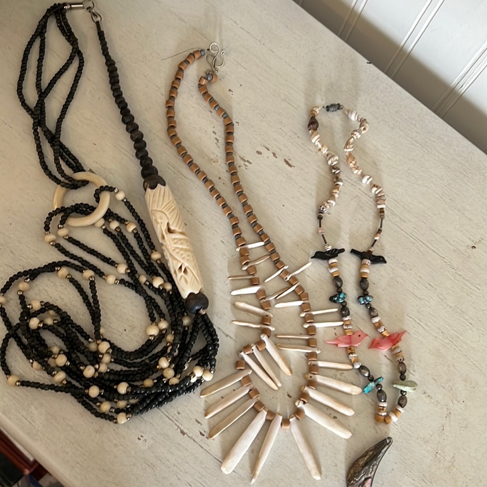 Lot 3 carved bone & bovine shell semiprecious stone wood necklaces tribal Native